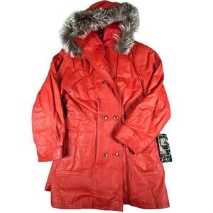Vintage Red Leather Silver Fox Fur Hooded Coat Jacket  XL Double Breasted Luxury